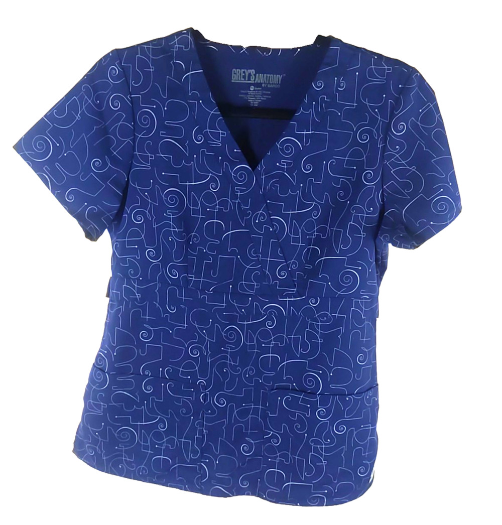Grey's Anatomy Women's Scrub Top Size Small Navy Blue White Lines Swirls Art...